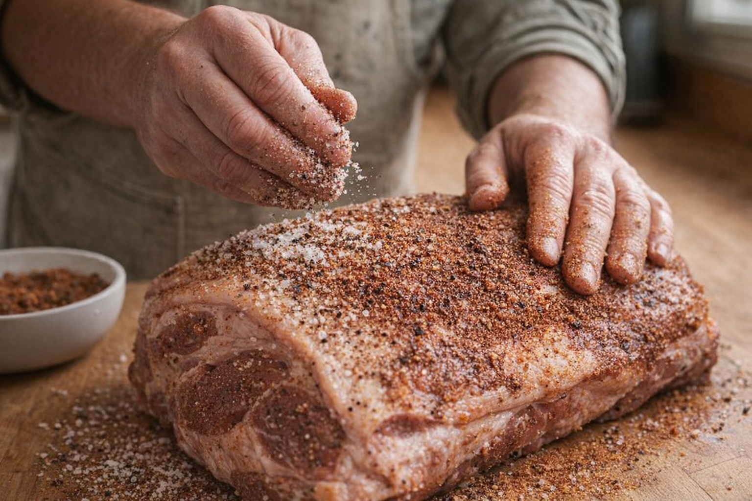 A close-up of a pork shoulder being seasoned with salt, pepper, and a spice rub, hands visible, butcher block countertop, warm lighting